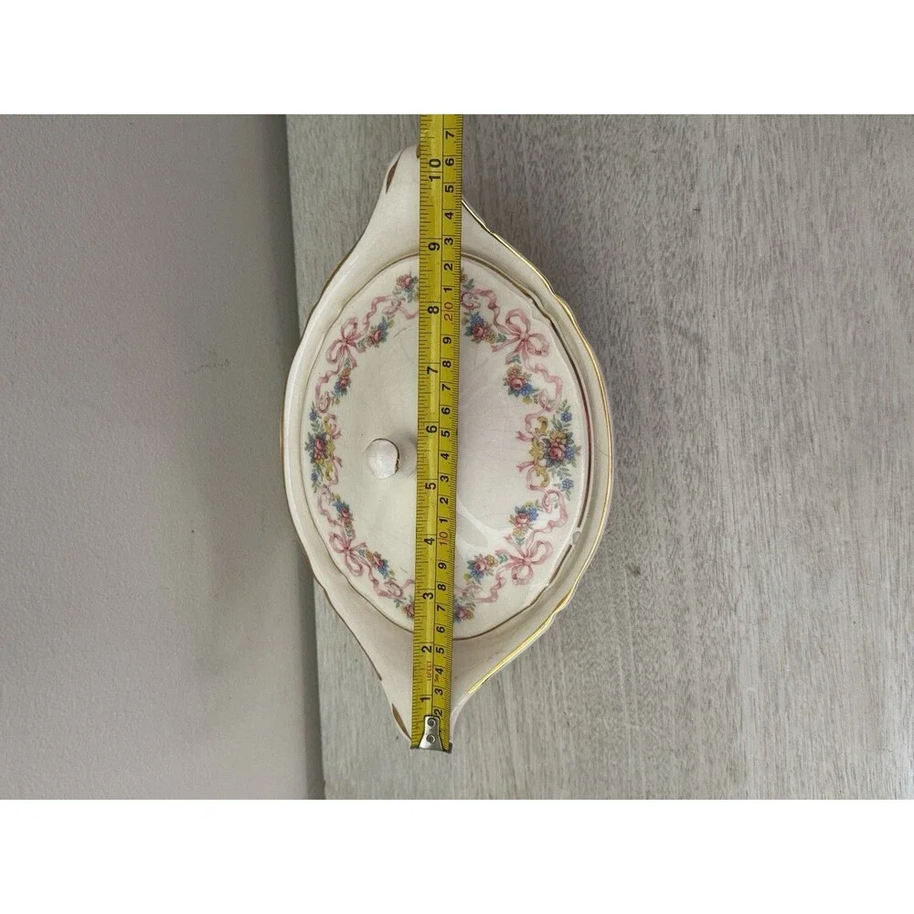 Vintage Edwin M Knowles Covered Vegetable Bowl Pink Roses Gold Trim
